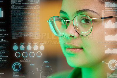Buy stock photo Woman, face and programmer with coding overlay at night in software, troubleshooting or diagnostics at office. Female person, coder or hacker working late in digital data analytics or double exposure