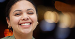 Face, happy and portrait of woman entrepreneur and proud with bokeh, mockup and confident for work or job. Head, looking and young female person with positive mindset, inspiration and motivation