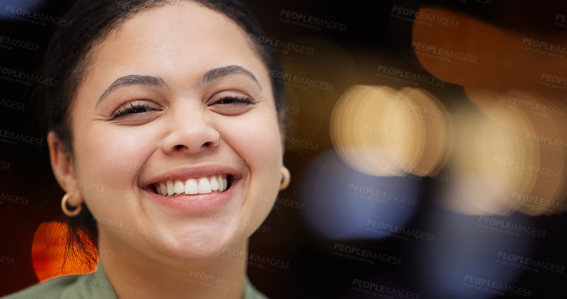 Buy stock photo Face, happy and portrait of woman accountant and proud with bokeh, mockup and confident for work or job. Head, looking and young female person with positive mindset, inspiration and motivation