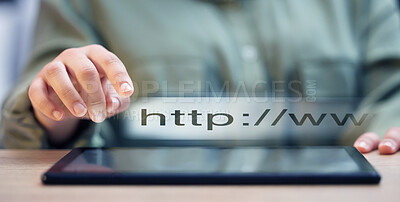 Buy stock photo Woman, hands and tablet with search bar, website or URL on table or office desk at home. Hand of female person with digital hologram, research or app for online data or information at the workplace