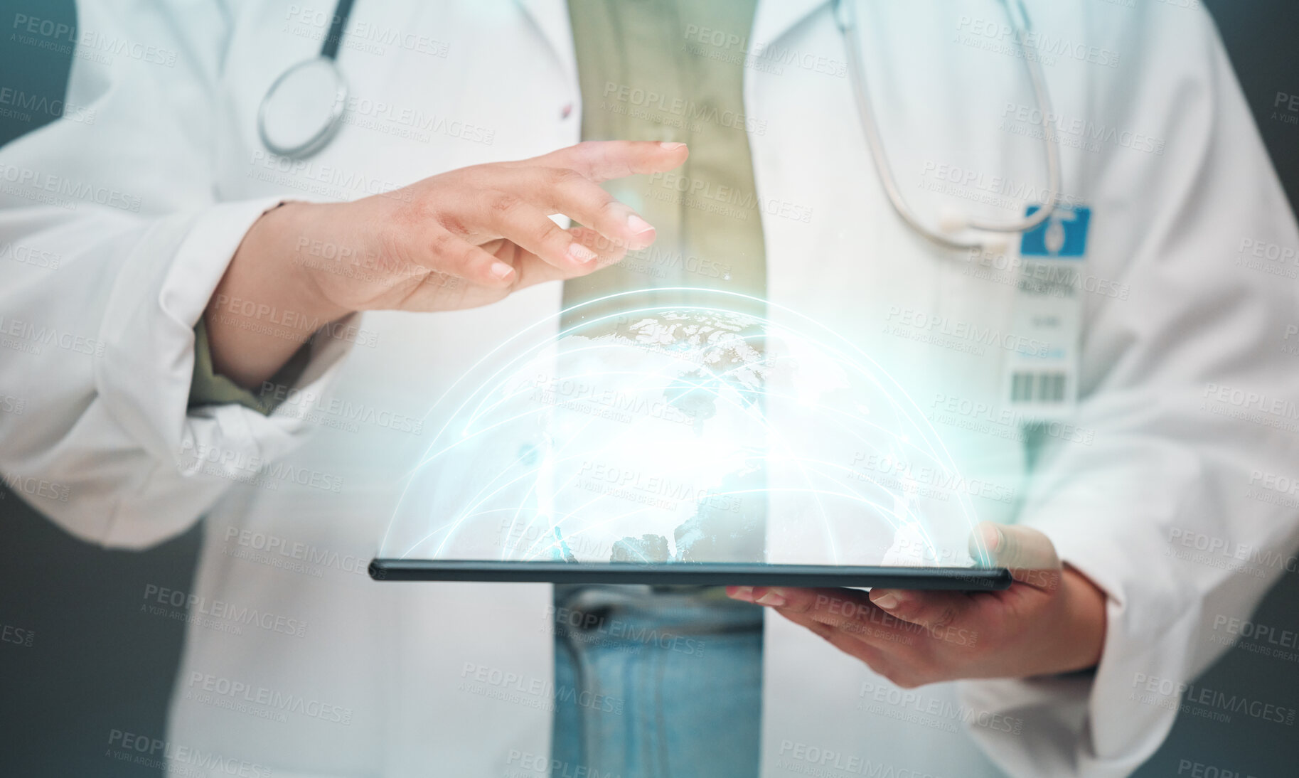 Buy stock photo Doctor, hands and tablet with 3d hologram for global communication, healthcare or Telehealth at hospital. Hand of person or medical professional with technology display or app for global medicare