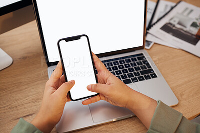 Buy stock photo Screen, laptop and person typing on a phone and search internet for branding and business technology or social media. Online, ux and hands of entrepreneur writing on mobile app, email and networking