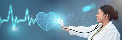Buy stock photo Heart rate, medical and doctor with woman and hologram for healthcare, digital and monitor. Consulting, medicine and future with person and stethoscope on banner for cardiology, heartbeat or wellness