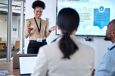 Buy stock photo Meeting, collaboration and businesswoman talking to a team in the office conference room. Discussion, presentation and professional female manager doing a corporate training workshop in the workplace