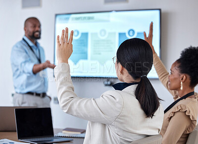Buy stock photo Presentation, question and businessman in a workshop with colleagues in the office conference room. Discussion, meeting and professional male manager presenting a team building workshop in workplace.