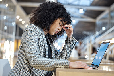 Buy stock photo Stress, headache and woman with laptop in office, debt crisis and mental health burnout problem. Frustrated, overworked and tired African employee with tax fear, anxiety and deadline time pressure.