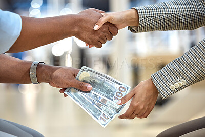 Buy stock photo Handshake, money and bribe for office crime, dirty deal and secret partnership for trading in financial industry. Business people, cash and payment for fraud, illegal negotiation and corruption