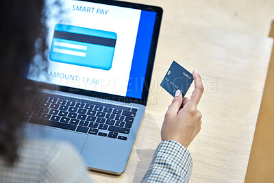 Buy stock photo Hand, credit card and laptop for woman in office with payment, online shopping and deal at desk from back. Entrepreneur, cyber security and computer with e commerce, discount or password on internet