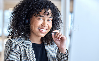 Buy stock photo Call center, happy woman and portrait of consultant at computer for customer service, technical support or CRM. Female telemarketing agent at desktop for advice, sales consulting or telecom questions