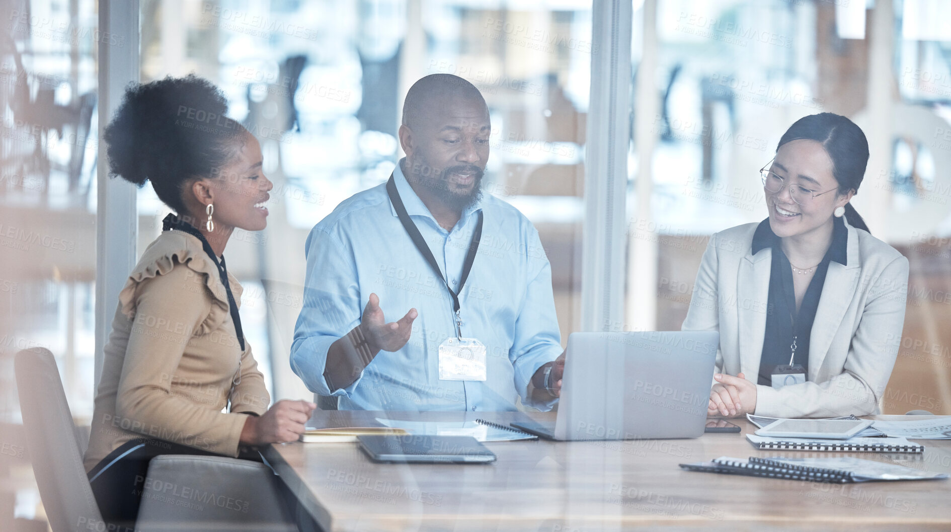 Buy stock photo Business people, African leader and group in meeting with planning, laptop or financial review in team collaboration. Black man, women and audit in accounting or computer for project in modern office