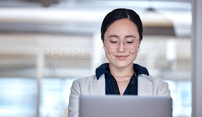 Buy stock photo Business, asian woman and laptop in office for online planning, typing email and internet search. Happy young female employee working on computer, reading website report and information on connection