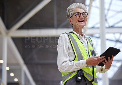 Buy stock photo Funny, senior and architect with tablet for research, planning and working on construction project. Technology, elderly engineer and manager laughing at meme on internet, email app and networking.