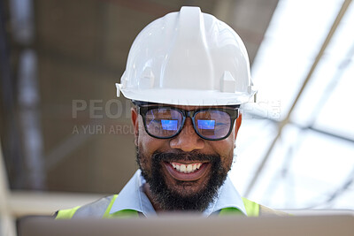Buy stock photo Architecture, planning and research with black man on construction site for engineering, building and design. Technology, idea and digital with face of contractor for project management and graphic
