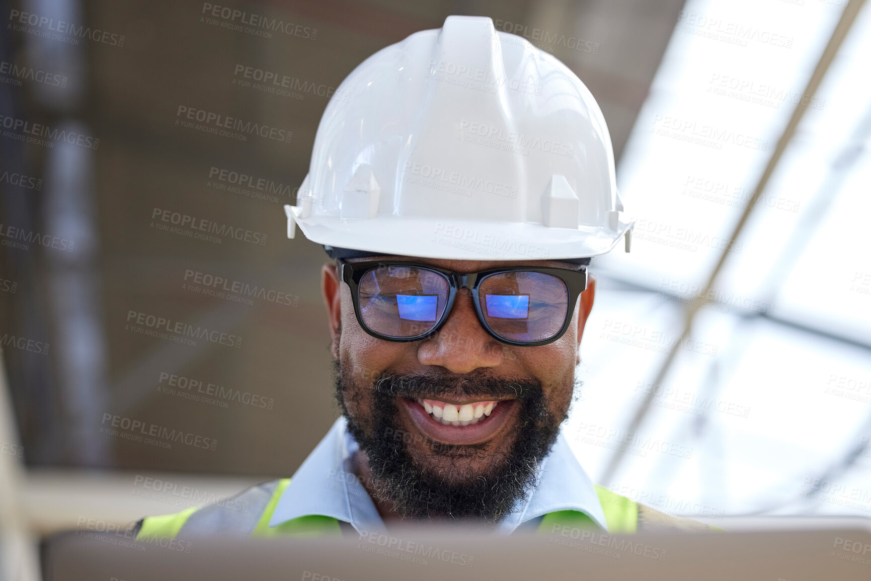 Buy stock photo Architecture, planning and research with black man on construction site for engineering, building and design. Technology, idea and digital with face of contractor for project management and graphic