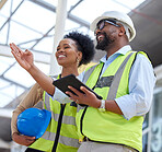 Tablet, teamwork or engineer talking to designer planning on a construction site for architecture. Building, collaboration or black woman or happy man working together to design a development project