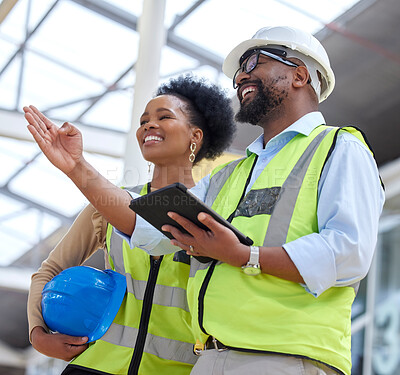 Buy stock photo Tablet, teamwork or engineer talking to designer planning on a construction site for architecture. Building, collaboration or black woman or happy man working together to design a development project