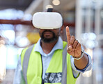 Logistics, warehouse and man in vr headset for virtual checklist, inventory or online schedule. Future technology, person in augmented reality mask in factory and futuristic stock management system.