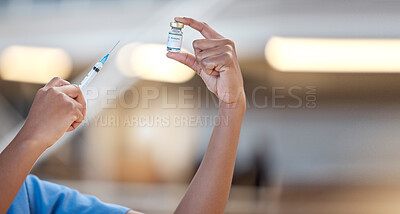 Buy stock photo Vaccine, hands and doctor with syringe for monkeypox, bottle and medicine for healthcare in hospital. Closeup, nurse and liquid vial with injection for vaccination, medical virus and healthy immunity
