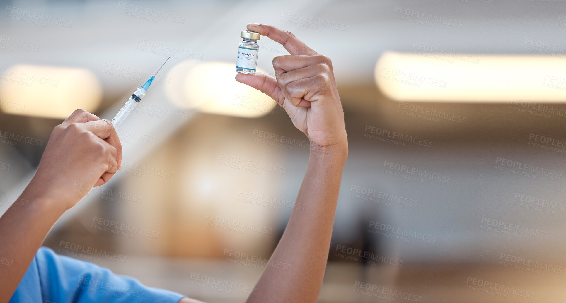 Buy stock photo Vaccine, hands and doctor with syringe for monkeypox, bottle and medicine for healthcare in hospital. Closeup, nurse and liquid vial with injection for vaccination, medical virus and healthy immunity