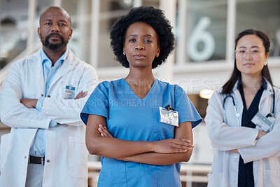Buy stock photo Serious black woman, portrait and doctors for teamwork, healthcare leadership and hospital management. Diversity group, medical employees and arms crossed for collaboration, trust and surgery support