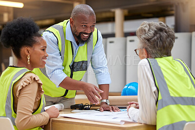 Buy stock photo Manager, meeting or happy civil engineering team planning a building or construction architecture. Teamwork, leader or designers talking or speaking of floor plan idea in discussion or collaboration