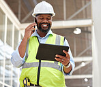 Phone call, black man and architect with tablet for research, planning and working on construction project. African engineer, mobile technology and happy contractor on internet, email and networking.