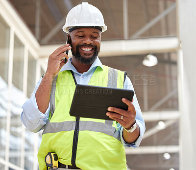 Buy stock photo Phone call, black man and architect with tablet for research, planning and working on construction project. African engineer, mobile technology and happy contractor on internet, email and networking.