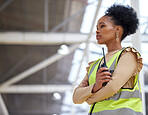 Woman, construction and walkie talkie at worksite for project with inspection at building with planning. Architect, girl and radio for contractor or leadership and worker with technology or ideas.