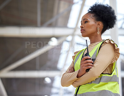 Buy stock photo Woman, construction and walkie talkie at worksite for project with inspection at building with planning. Architect, girl and radio for contractor or leadership and worker with technology or ideas.
