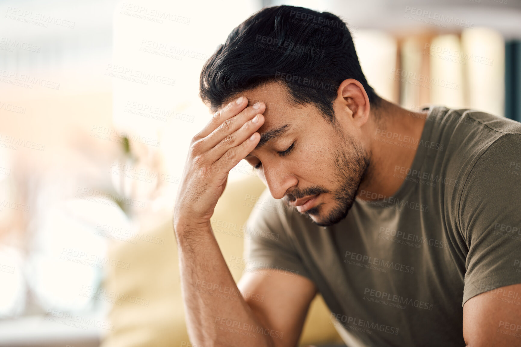 Buy stock photo Tired, headache and stress of man in living room with mental health, fatigue and sad problem. Face, depression and frustrated male person with anxiety, brain fog or crisis of failure, mistake or debt