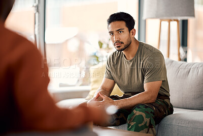 Buy stock photo Support, therapy and a military man with a psychologist for counselling, depression and psychology. Young army, veteran or soldier person with a therapist for mental health, consultation or help