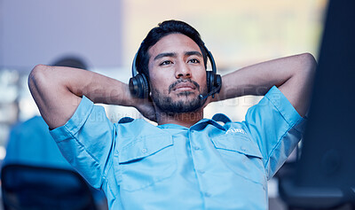 Buy stock photo Security guard, monitor and man watching screen relax on the job for building protection. Surveillance, safety application and live streaming watch of a employee checking the system for danger