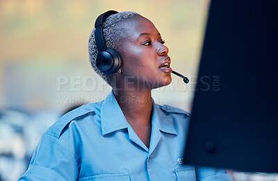 Buy stock photo Security dispatch, communication headset and black woman talking, speaking and check surveillance system. Conversation, support consultation and helping African person chat about crime safety service