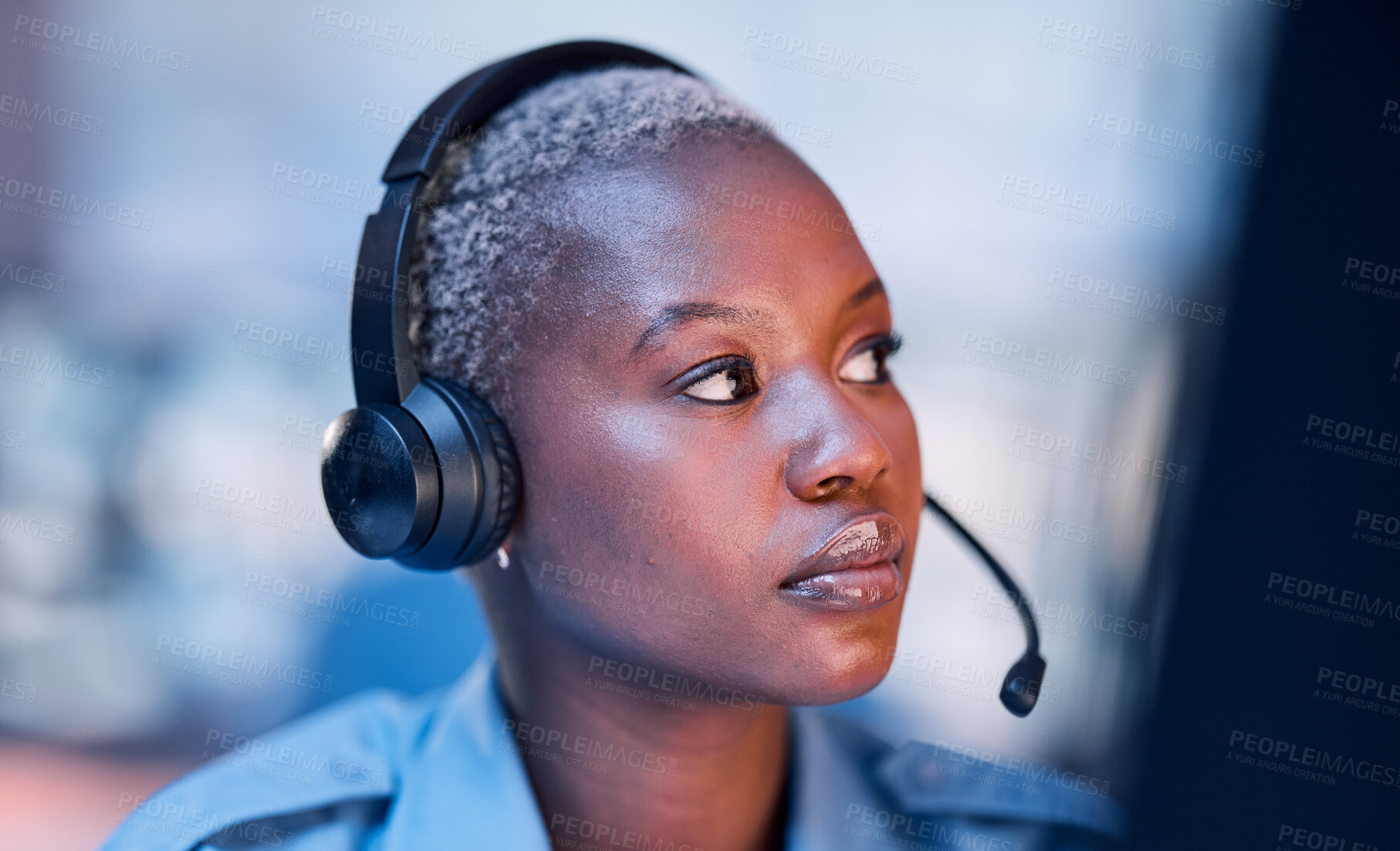 Buy stock photo Officer, black woman and call center agent for law or legal service for emergency call and employee in an office. Worker, thinking and security worker talking online or internet for communication