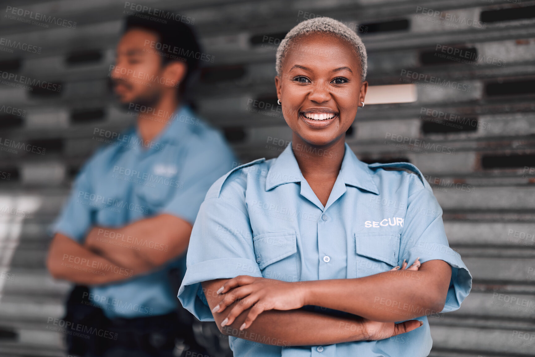 Buy stock photo Portrait, security or law enforcement and a happy black woman arms crossed with a man colleague on the street. Safety, smile and duty with a crime prevention unity working as a team in an urban city