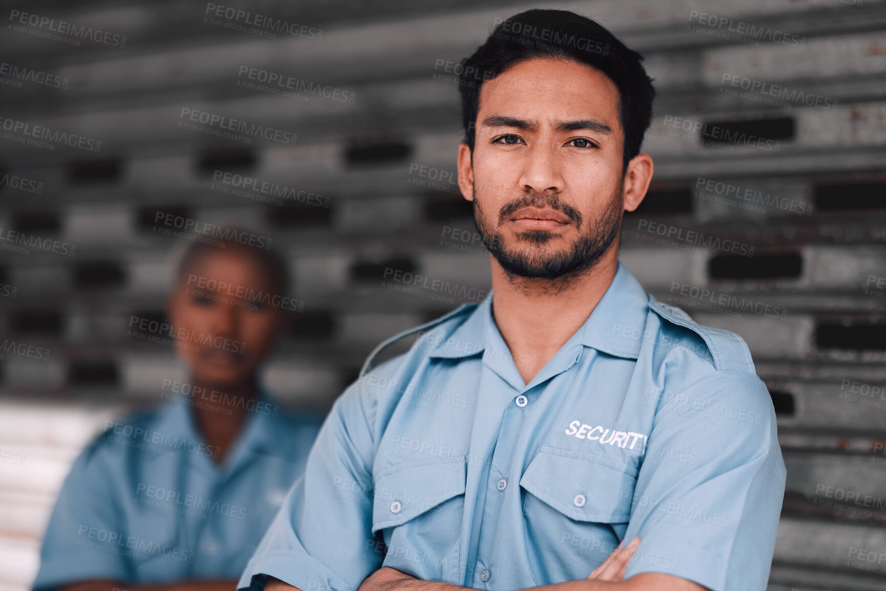 Buy stock photo Portrait, security or safety and a serious man arms crossed with a black woman colleague on the street. Law enforcement, focus and duty with a crime prevention unit working as a team in the city