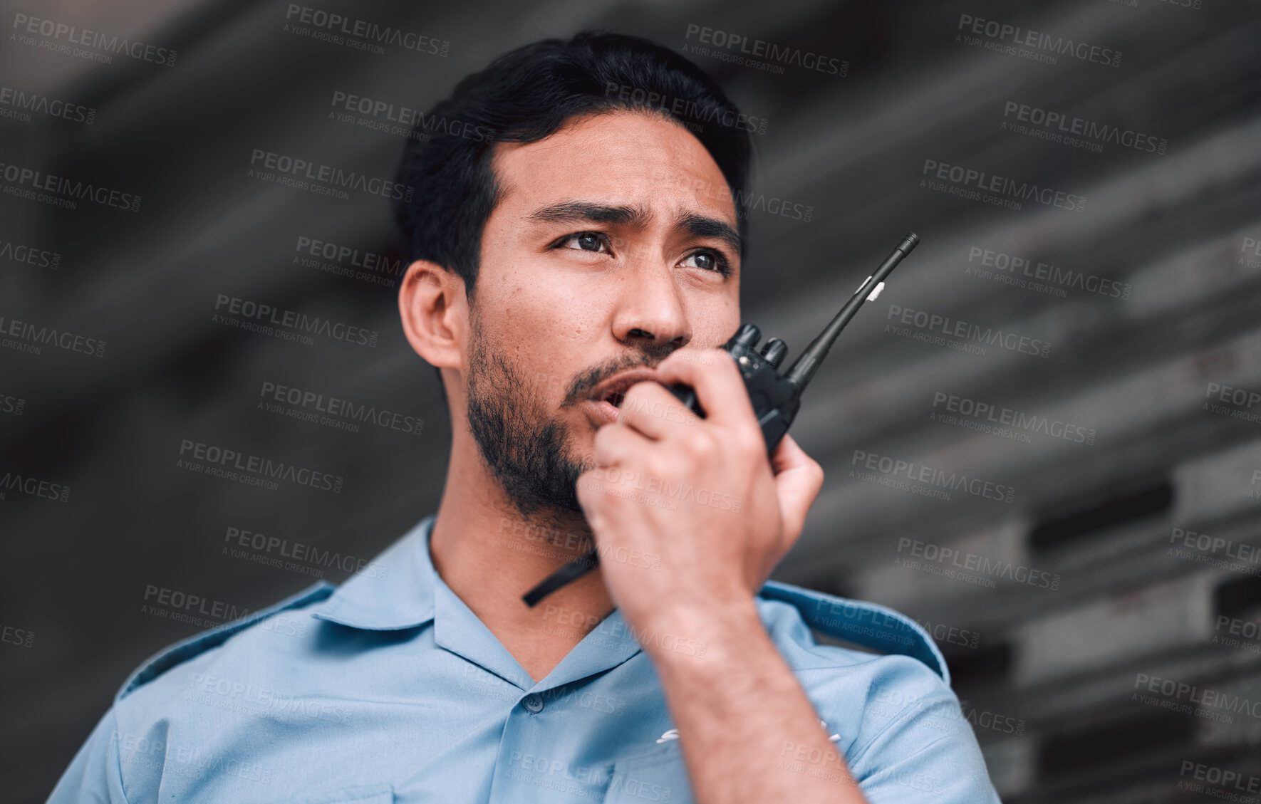 Buy stock photo Walkie talkie, security guard or safety officer man outdoor for protection, patrol or watch. Law enforcement, transceiver and duty with a crime prevention male worker in uniform with communication