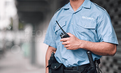 Buy stock photo Walkie talkie, security guard or safety officer man on the street for protection, patrol or watch. Law enforcement, hand and duty with a crime prevention male worker in uniform in the city