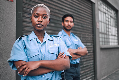 Buy stock photo Portrait of black woman, security guard or arms crossed of safety officer, protection service or team patrol in city. Law enforcement, focus or professional crime prevention people in uniform outdoor