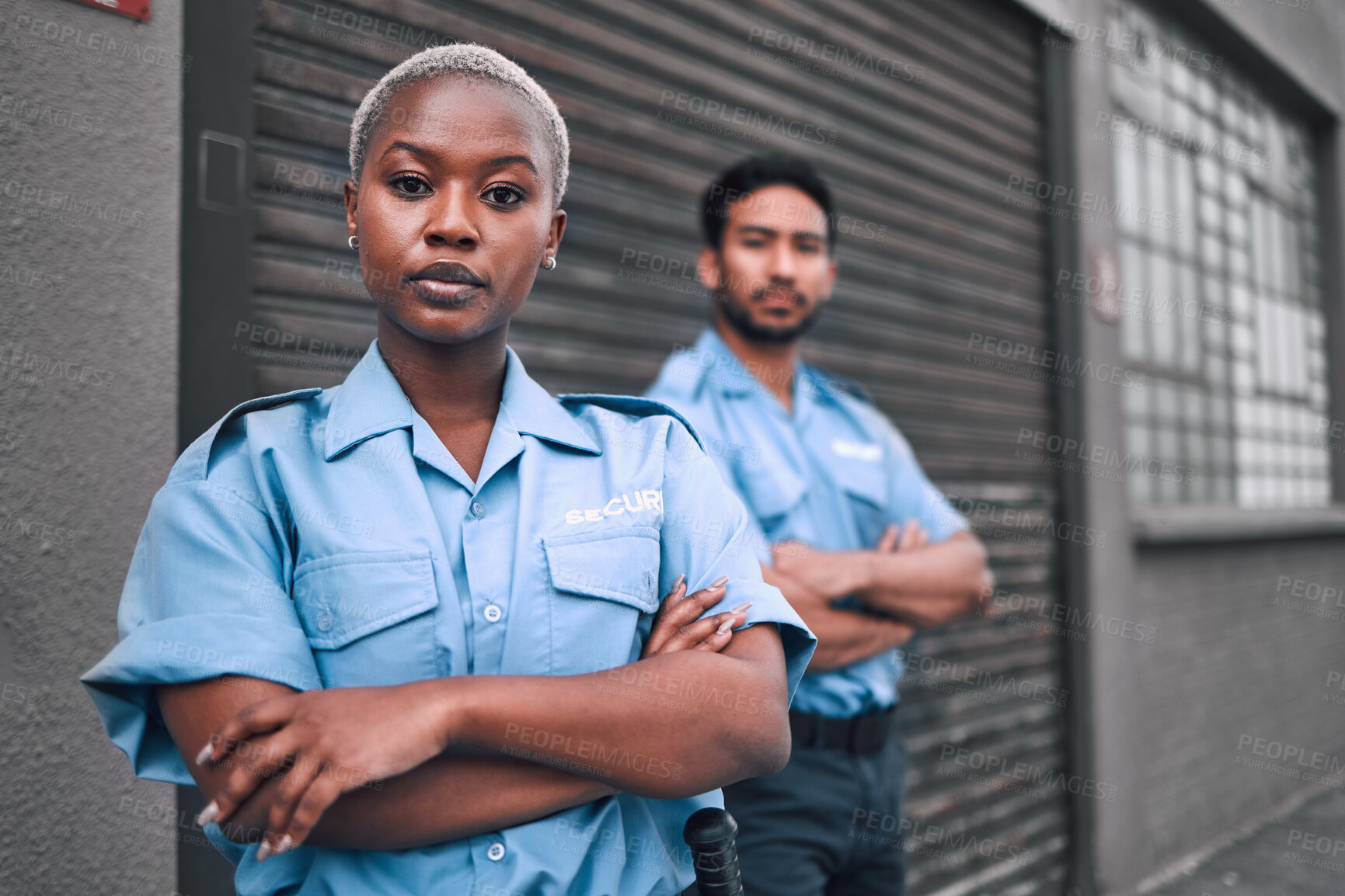 Buy stock photo Portrait of black woman, security guard or arms crossed of safety officer, protection service or team patrol in city. Law enforcement, focus or professional crime prevention people in uniform outdoor