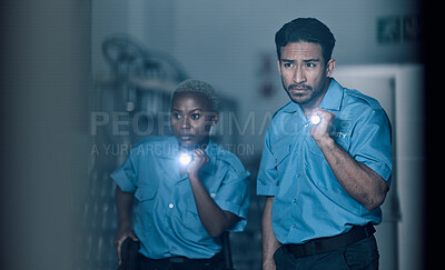 Buy stock photo Security, surveillance and team of police investigation of crime in store at night using torch or flashlight for protection. Teamwork, emergency and professional safety employees search for criminal