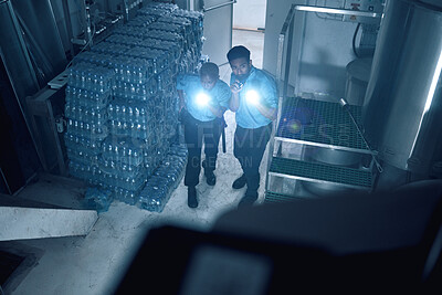 Buy stock photo Security, emergency and police investigation or search a crime in a store at night or in the evening for protection. Teamwork, job and professional safety employees search a room for criminal danger