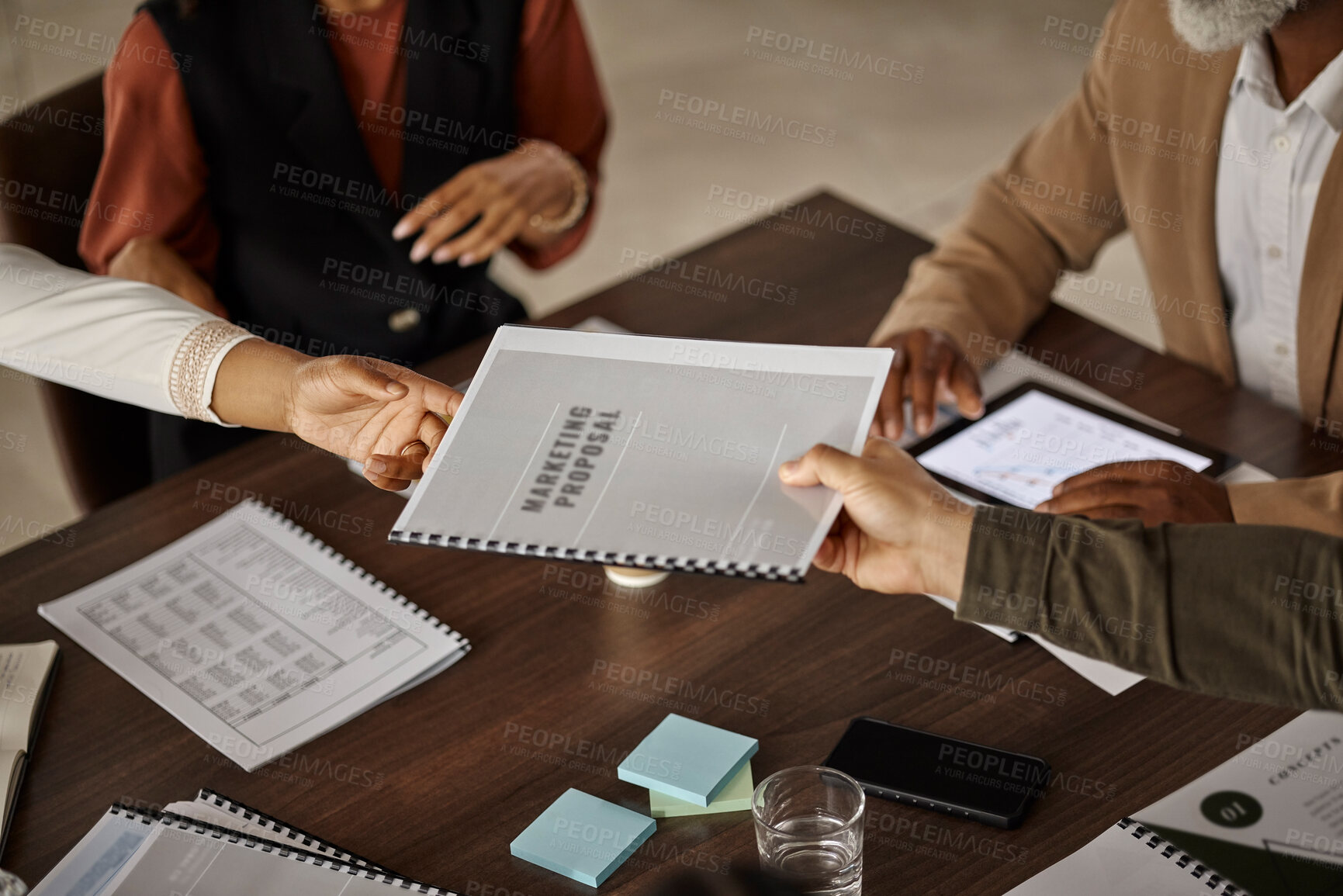 Buy stock photo Documents, proposal or hands of business people in a meeting planning a financial strategy together. Data analytics, teamwork or manager giving worker a marketing portfolio report file or paperwork