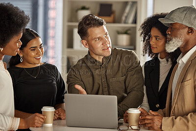 Buy stock photo Business people, laptop or meeting for team collaboration on group project in office for startup innovation. Teamwork, diversity or leader planning in discussion brainstorming for online marketing