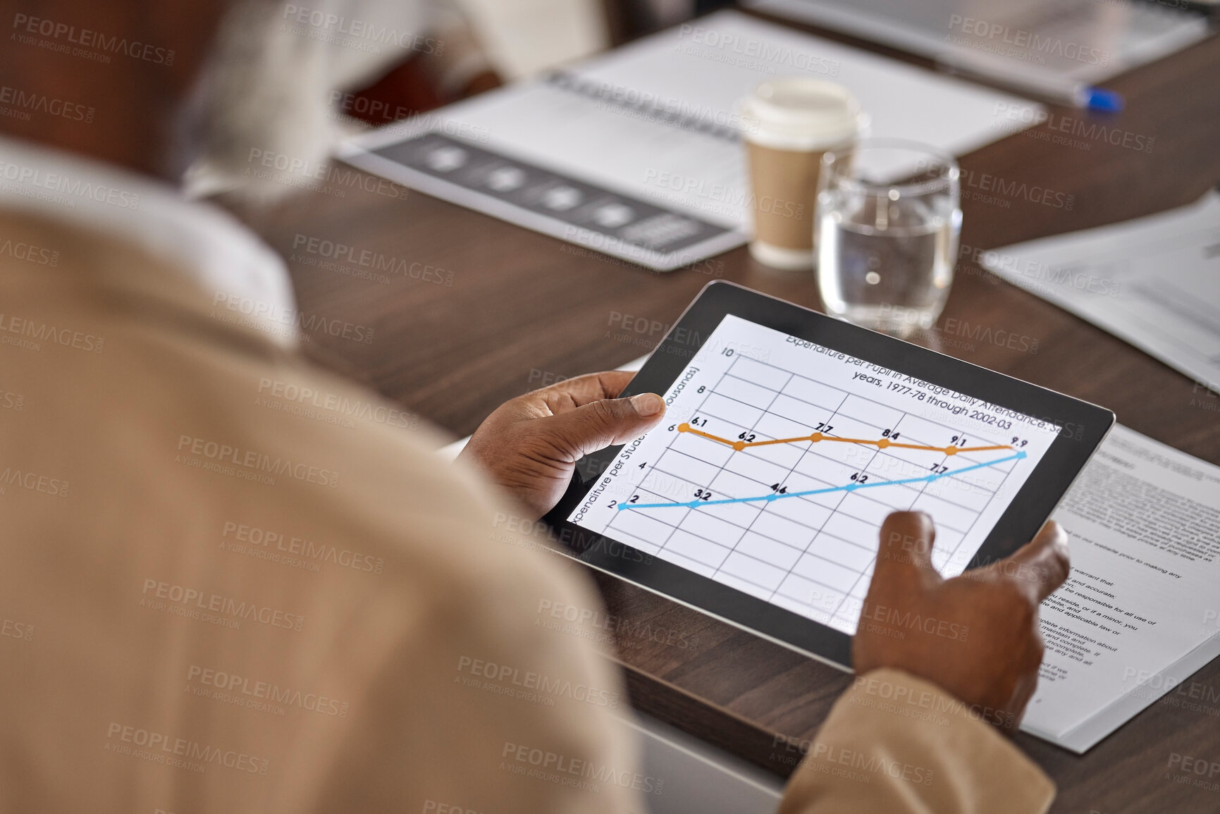 Buy stock photo Hands of man in meeting with tablet, graphs and charts, stats for sales report, data and information in office. Business growth, online statistics or performance review, analytics in profit research.