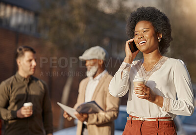 Buy stock photo Phone call, coffee and a business black woman in town for communication on her morning commute. Mobile, contact and travel with a happy young female employee walking outdoor in an urban city