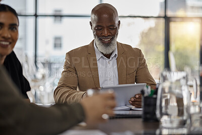 Buy stock photo Business people, tablet or CEO in meeting for team idea, strategy or collaboration on project in office. Happy, digital startup company or senior manager planning or working on online marketing goals