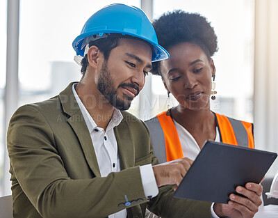 Buy stock photo Tablet, collaboration or planning with a construction worker and architect meeting in an office for a building project strategy. Technology, teamwork and a designer man talking to a woman colleague