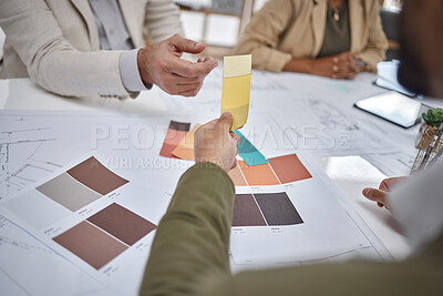 Buy stock photo Creative, color sample and team in a meeting for an interior design project in office boardroom. Industry, collaboration and team of designers in discussion while working with blueprints in workplace