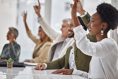 Buy stock photo Meeting, workshop and questions with business people hands raised in the boardroom during a strategy session. Planning, seminar and a group of colleagues or employees volunteering to answer at work